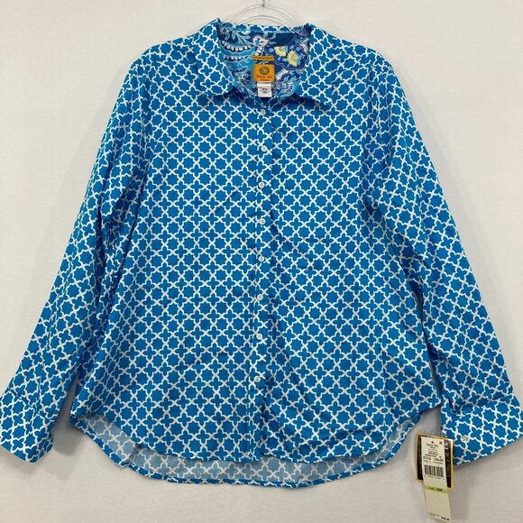 New Ruby Rd. size 18W Wrinkle Resistant Blue White Geometric Button Down Office - Picture 1 of 9